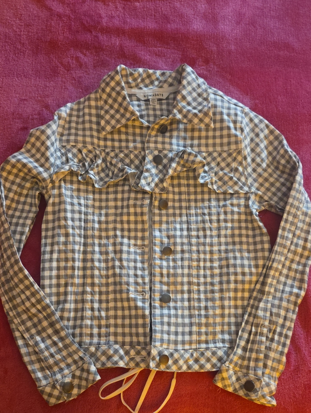 Kids Gingham Button-Front Jacket with Ruffle Yoke - Blue & Cream
